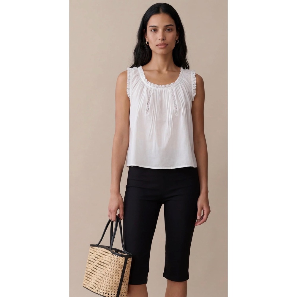 Few Moda Sorella Atelier White Cotton Lace Trim Pintuck Tank Top Small
